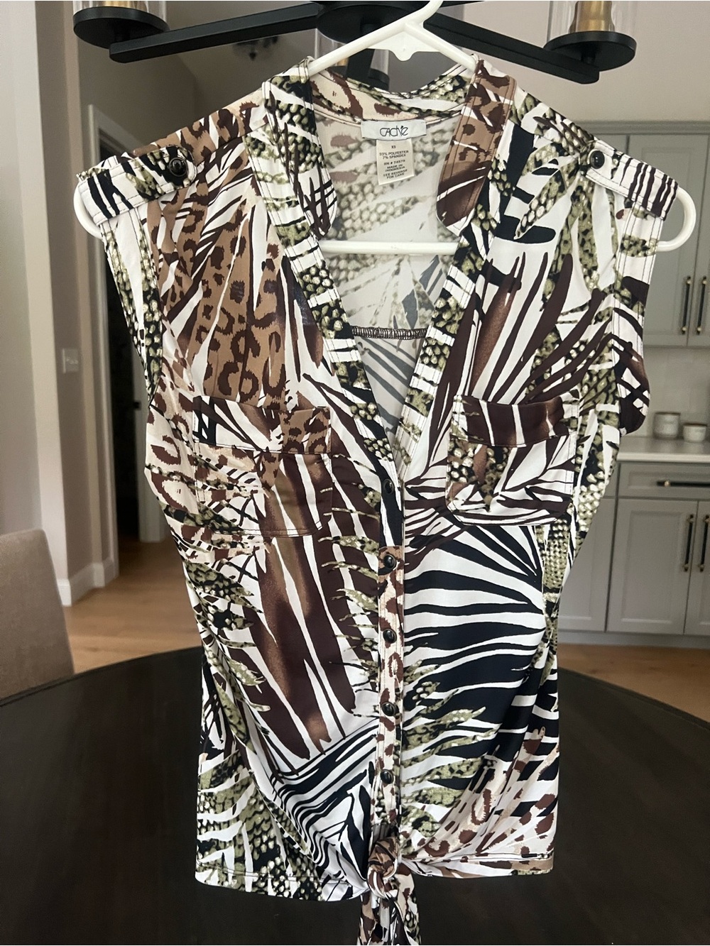 Cache Mixed Animal & Leaf Print Tie-Front Blouse in Brown, Black, White